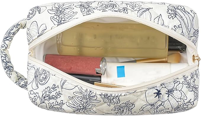 Makeup Bag Travel Cosmetic Bag for Women, Zipper Make Up Pouch, Floral Flowers Toiletry Organizer Makeup with Handle, Cosmetic Travel Cloth Bag (Navy Blue Flower)