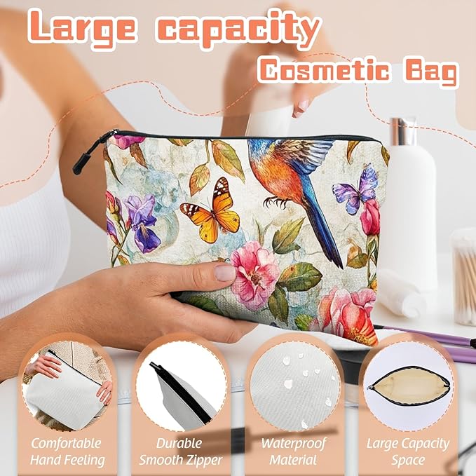 Cosmetic Bags Travel Makeup Toilet Case Waterproof Pouch for Women Girls 6.7X9.45inches - Whimsical Flower - Bird - Butterfly World