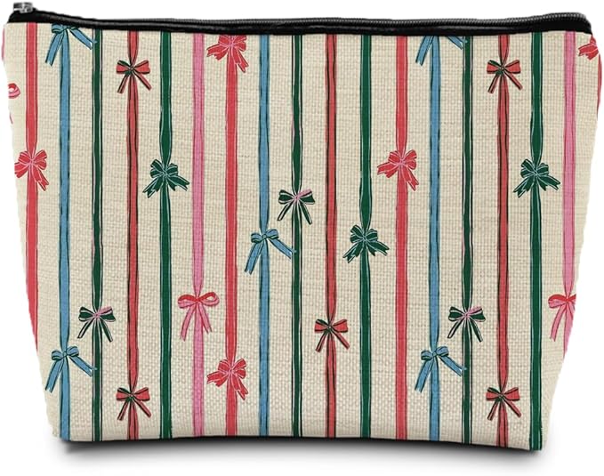 Coquette Christmas Ribbon Bow Makeup Bag, Preppy Red Green and Pink Striped Christmas Cosmetic Bags Gifts for Women, Girly Xmas Portable Travel Toiletry Bag Zipper Makeup Pouch