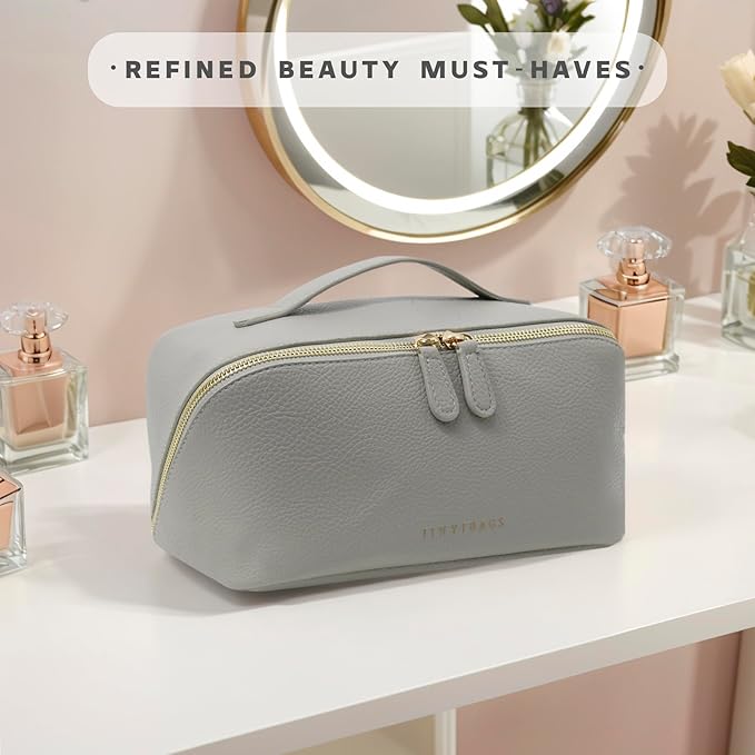 Travel Makeup Bag – Large Cosmetic Organizer with Waterproof PU Leather, Smooth Double Zipper & Tear-Resistant Lining, Toiletry Pouch for Women (Grey)
