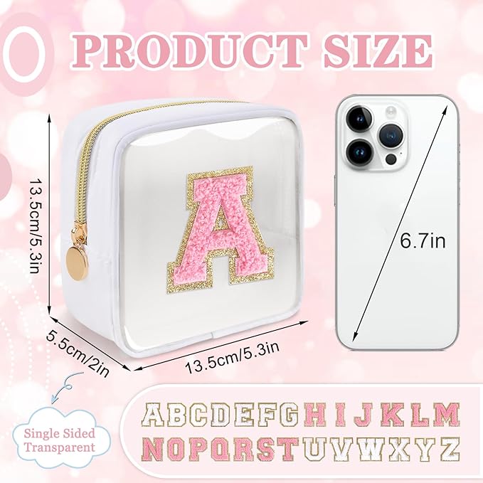 Mini Clear Personalized Initial Makeup Bag,Nylon Preppy A-Z Chenille Letter Patch Zipper Cosmetic Bag, Small Cute Beach Pouch Travel Purse Sanitary Napkin Storage Bag for Women Girls(White-Pink A)