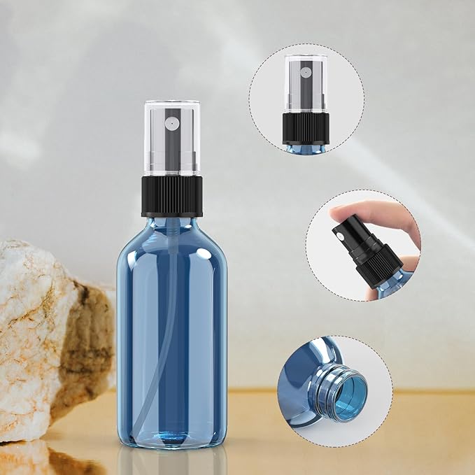 Wedama 2 oz Mini Glass Spray Bottles, Empty Small Spray Bottles with Funnel Dropper, Fine Mist for Hair, Travel, Plants, Cleaning Solutions and Skin Care (4 Pack Indigo Blue)