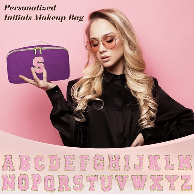 Personalized Initial Makeup Bag,Christmas Gifts for Girl,Preppy Bag Cosmetic Travel Bag Women,Travel Toiletry Organizer,Large Capacity Corduroy Stuff Bag,Cute Cosmetic Pouch Skincare Bag-G