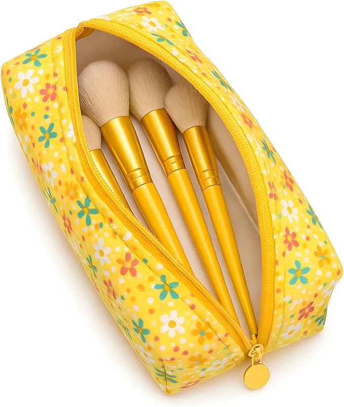 Floral Cotton Makeup Brush Cosmetic Bag for Women, Travel Quilted Zipper Pouch, Large Capacity Flowers Toiletry Organizer, Kawaii Makeup Storage Case, Cosmetic Travel Cloth Bag-Yellow Sun Flower