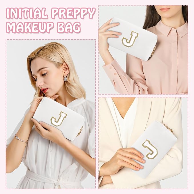 Personalized Preppy Small Travel Makeup Bag, Initial Chenille Letter White Makeup Bag Cosmetic Pouch Toiletry Organizer, Portable Waterproof Makeup Storage Cute Preppy Stuff for Mom Girl(Letter J)