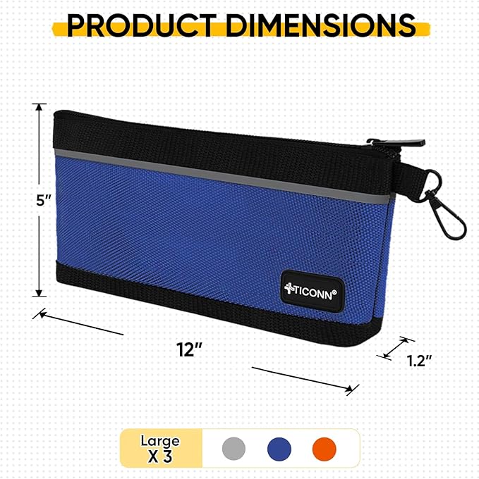 TICONN Tool Pouches with Zipper, 1680D Oxford Small Tool Bags, Waterproof Utility Bag Zipper Pouch for Tool Organizers and Storage (3 Pack Large)