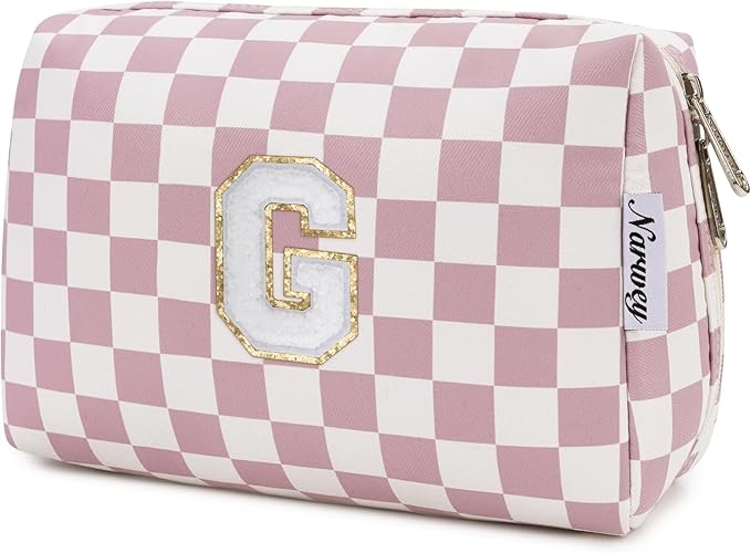 Narwey Birthday Gifts for Teen Girls Kids Women Personalized Initial Checkered Makeup Bag Pink Monogram Cosmetic Bag Trendy Stuff 6 8 10 11 12 13 14 16 18 Years Old Travel Toiletry Bag (Dusty Rose G)