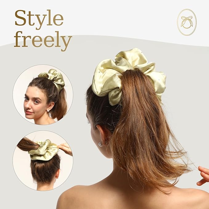 100% Mulberry Silk Scrunchies for Women Ponytail Holders – Plus Rhinestone-Embellished Design for Curly, No Damage Hair Ties for Curly, Thick, and Thin - Hair Accessories for Women Green