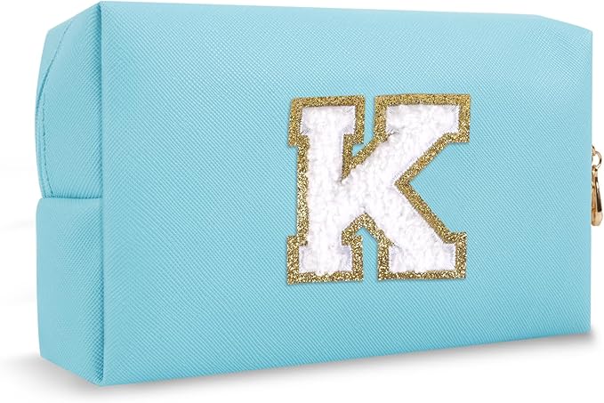 Personalized Small Preppy Makeup Bag, Chenille Letter Blue Initial Cosmetic Zipper Pouch Travel Toiletry Organizer, Waterproof PU Leather Make Up Case Travel Essentials for Women Friendship(Letter K)