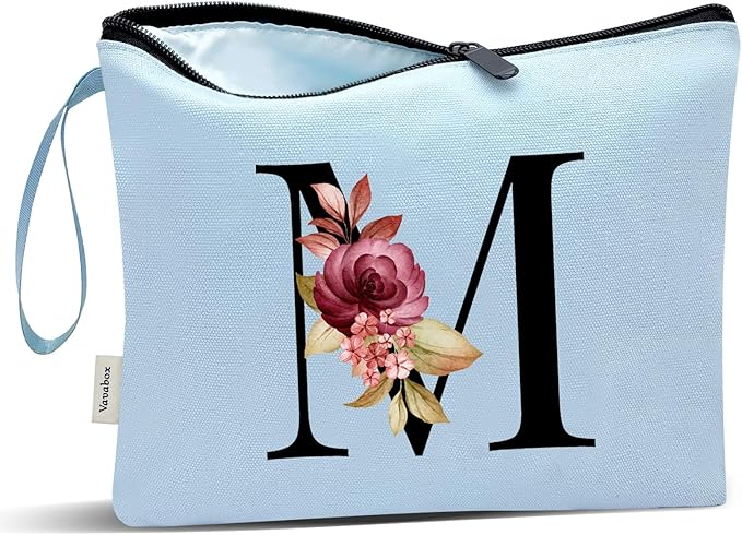 Vavabox A-Z Personalized Makeup Bag, Birthday Gifts for Women Mom, Gifts for Best Friend, Bride Bridesmaid Cosmetic bag (M, Blue)