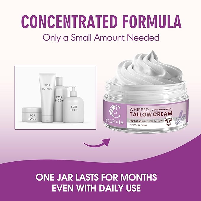 Beef Tallow Moisturizer with Organic Jojoba Oil 4 oz - Whipped Tallow Anti-Wrinkle Cream - Grass Fed Tallow Cream for Face & Body - Hydrating Moisturizer for Dry & Sensitive Skin | Vanilla Lavender