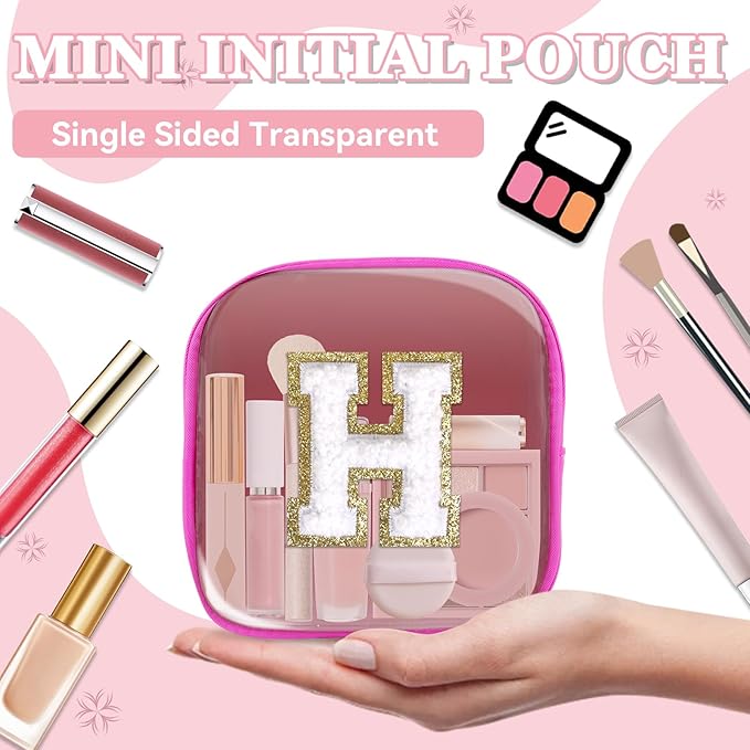 Mini Clear Personalized Initial Makeup Bag,Nylon Preppy A-Z Chenille Letter Patch Zipper Cosmetic Bag, Small Cute Beach Pouch Travel Purse Sanitary Napkin Storage Bag for Women Girls(Hot Pink-White H)