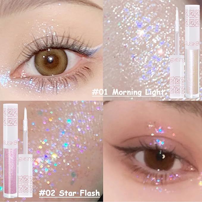 6Pcs Liquid Glitter Eyeshadow Eyeliner, Korean Makeup, Bling Under Eye Shadow, Shimmer Eye Make Up Valentine's Gift Set,Long Lasting,Quick Drying & Pigmented Loose Glitter Glue for Crystals Makeup