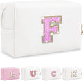 Personalized Initial Letter Makeup Bag, Preppy Glitter Letter Patch Cosmetic Pouch Zipper, PU Waterproof Travel Toiletry Bag Cute Makeup Organizer Monogrammed Make Up Bag, Gift for Women Girls