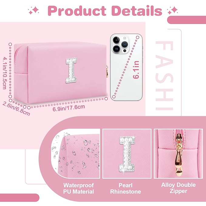 ChaoGreat Bride Gifts – Personalized Initial Makeup Bag with Pearl Rhinestone Patch, Preppy Pink Monogram Cosmetic/Toiletry Pouch, bridesmaid Gifts, Bridal Shower Gifts, Wedding Gifts, Bridal Gifts,I