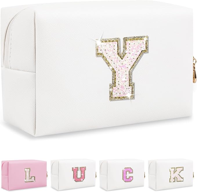 Initial Letter Patch Makeup Bag, Preppy Glitter Letter Pouch Cosmetic Bag,Small PU Travel Toiletry Bag Zipper,Personalized Monogrammed Gift for Friends Sister,Cute Stuff for Women Teen Girls(Letter Y)