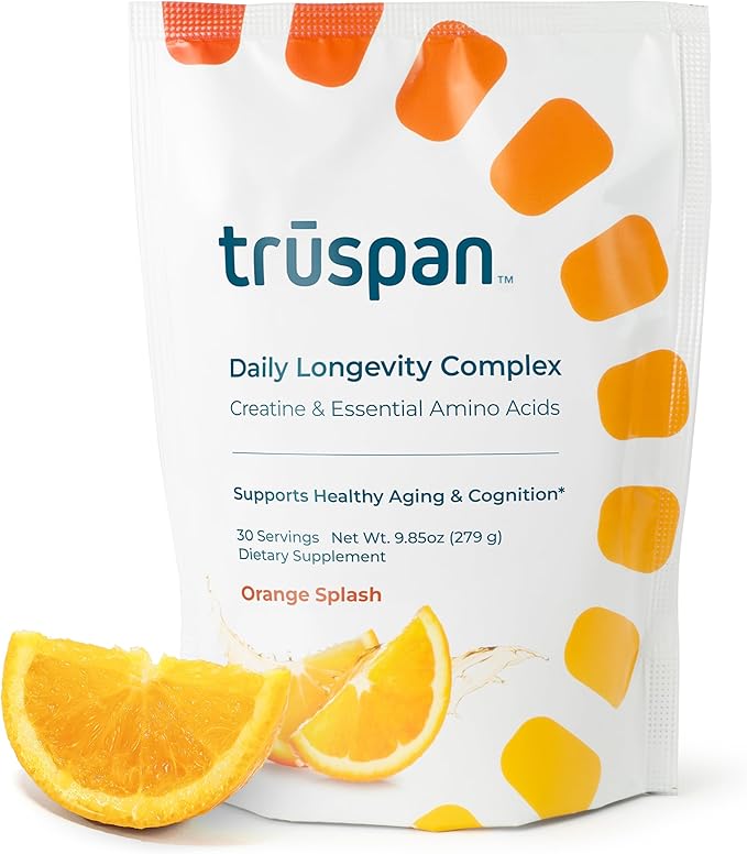 TruSpan Daily Longevity Complex Creatine Powder, with Essential Amino Acids, Sugar Free, Orange Splash Flavor, 30 Servings