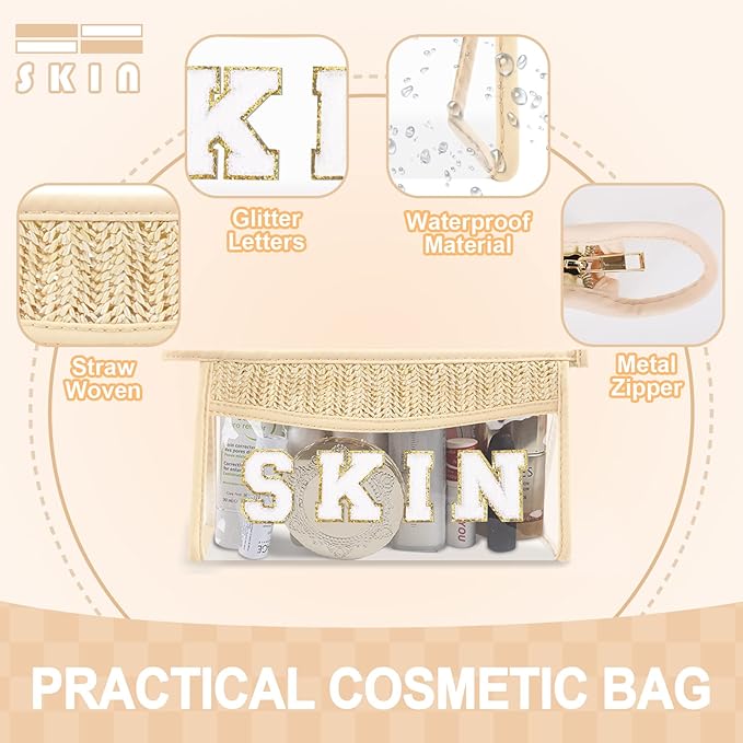 Small Boho Straw Clear Skin Makeup Bags for Women&Girls, Zipper Cosmetic Bag Chenille Varsity Letter Patch Bag, Preppy Cute Toiletry Pouch, Trendy Organizer Storage Bag for Beach Travel Essentials