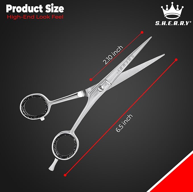Professional Barber Shears 6.5” – High Carbon Stainless Steel Hair Cutting Scissors with Razor Sharp Edge for Salon & Home Use by S.H.E.R.R.Y (silver, 6.5)