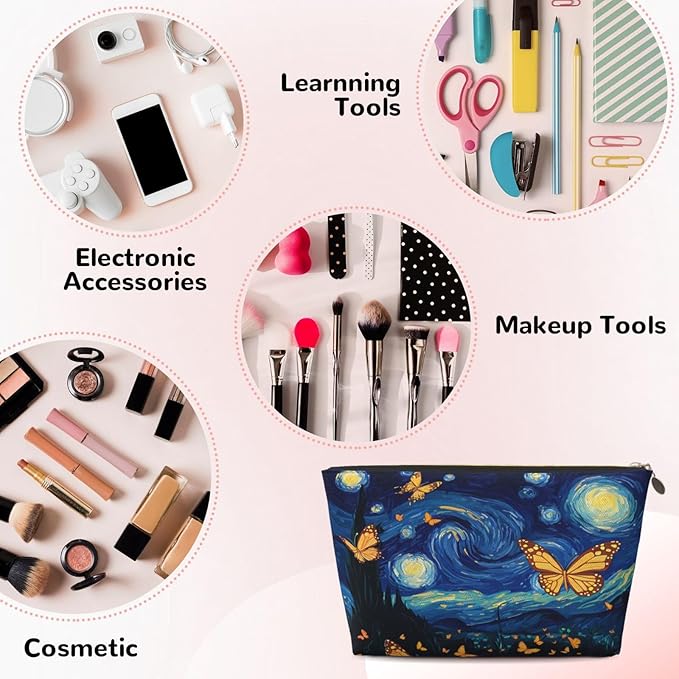 Womens Leather Makeup Bag Cosmetic Bag Travel Toiletry Bags Make Up Bags for Women Adult (Starry_Night_Butterflies)