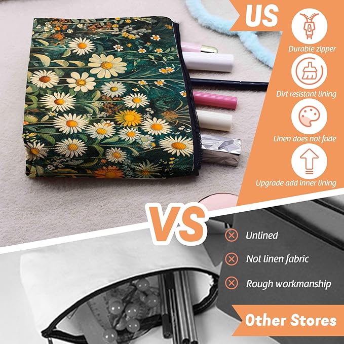 Cosmetic Bags Travel Makeup Toilet Case Waterproof Pouch for Women Girls 6.7X9.45inches - White Daisies And Yellow Marigolds in Wild