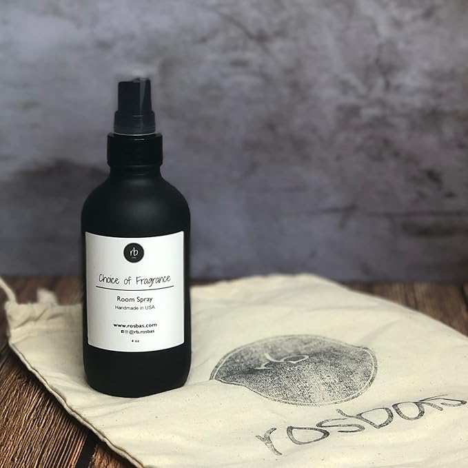 Rosbas Room Spray, Egyptian Amber Scented, Matte Black Glass Bottle, 4 oz, Drawstring Cotton Bag, Long Lasting Scented Air Freshener, Non-Aerosol, Handmade in USA