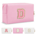Personalized Initial A-Z Preppy Patch Makeup Bag,Small PU Leather Chenille Letter Cosmetic Bag with Zipper for Teen Girls,Pink Cute Travel Toiletry Bag,Birthday Monogrammed Gift for Daughter,Letter D