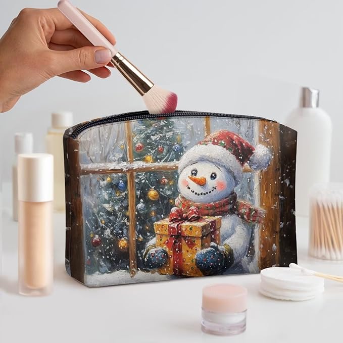 COEQINE Travel Pouch for Women Leather Cute Snowman Purses Travel Cosmetic Bag Soft Portable Cosmetic Face Brushes Holder Large Travel Makeup Brush Case for Womes Christmas Gifts
