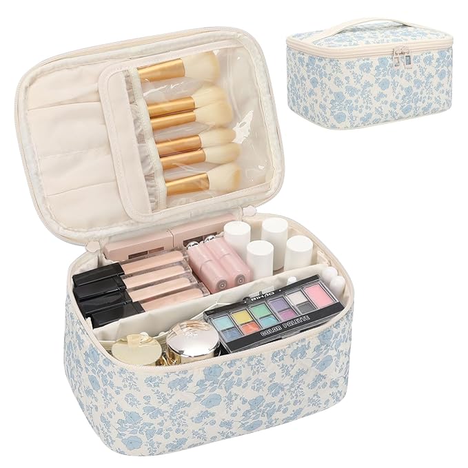 OCHEAL Makeup Bag Portable Cosmetic Bag For Women, Large Capacity Travel Makeup Case Organizer, Toiletry Bag for Girls Traveling With Handle and Divider-Flowers