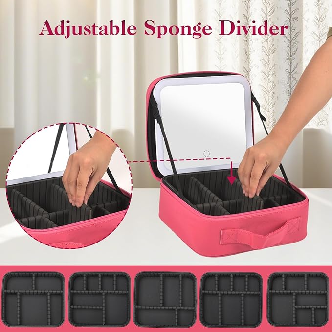 Travel Makeup Bag With LED Mirror,Cosmetic Train Case with 3 Color Setting,Cosmetic Makeup Organizer Bag with Adjustable Dividers,Portable Make up Box with Make up Brushes Holder Storage（Rose）