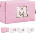 Initial Letter Patch Makeup Bag, Small Preppy A-Z Glitter Letter Cosmetic Bag, PU Leather Waterproof Travel Toiletry Bag,Cute Make Up Pouch Personalized Monogrammed Gift for Women Teen Girls(Letter M)