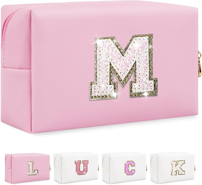 Initial Letter Patch Makeup Bag, Small Preppy A-Z Glitter Letter Cosmetic Bag, PU Leather Waterproof Travel Toiletry Bag,Cute Make Up Pouch Personalized Monogrammed Gift for Women Teen Girls(Letter M)