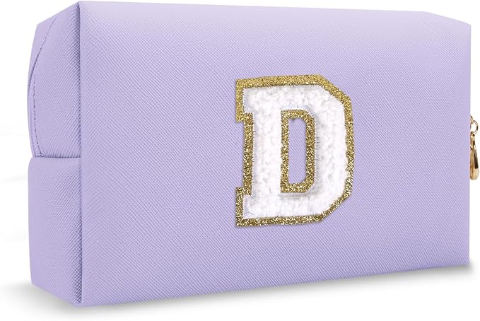 Personalized Chenille Letter Preppy Makeup Bag, Mini Cute Purple Initial Cosmetic Bags Travel Toiletry Zipper Pouch Makeup Storage, Waterproof Make Up Case Travel Essentials for Women Female(Letter D)