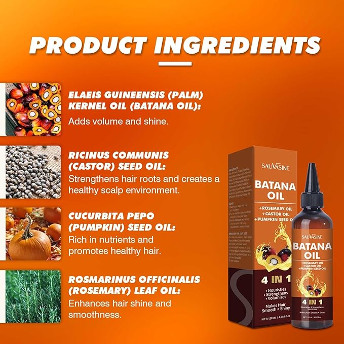 Organic Batana Oil for Hair Growth 4-in-1 Batana From Honduras with Rosemary,Pumpkin Seed,Castor Oil Deep nourishment,Strengthen Hair Roots Make Smooth&Shiny For Damaged Hair,Dry & Frizzy Repair 120mL