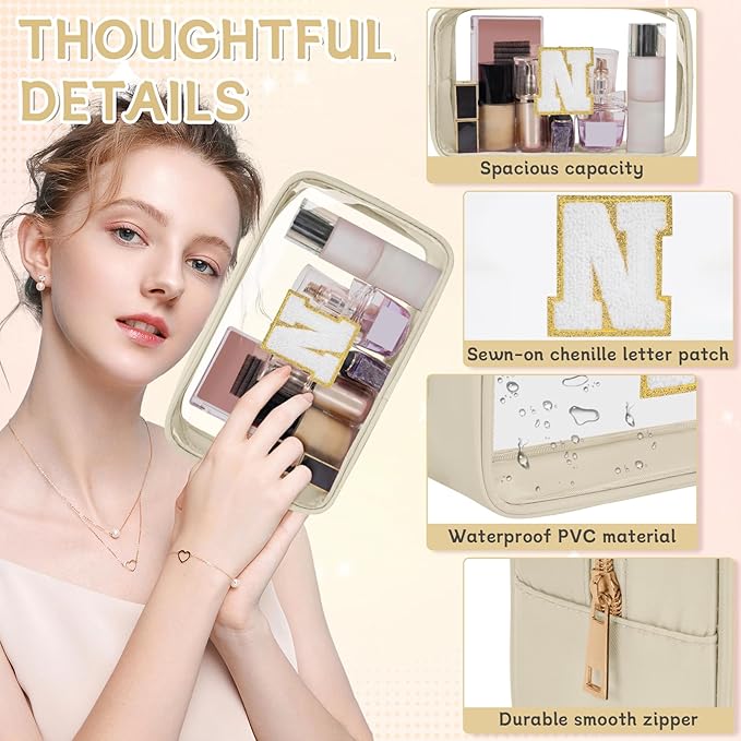 Personalized Initial Clear Makeup Bag, Travel Chenille Patch Cosmetic Bag, Preppy Toiletry Bag Monogram Cosmetic Pouch with Zipper, Ideal Gift for Teen Girls Women (Clear-Beige, N)