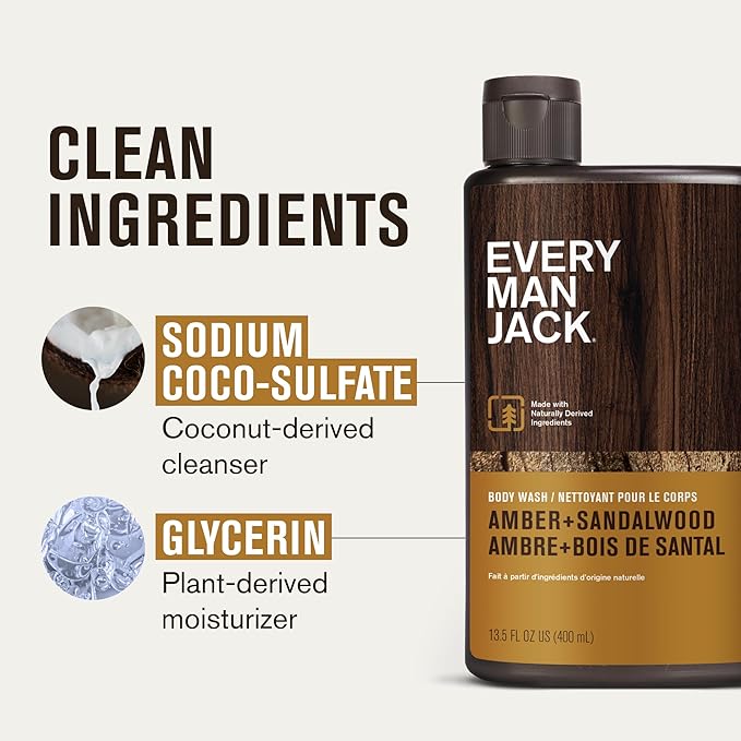 Every Man Jack Men's Body Wash Variety Pack - Includes 3 Body Washes with Natural Ingredients & Incredible Scents - Amber + Sandalwood, Cedar + Red Sage, Sea Minerals + Citron Fragrances (3 Pack)