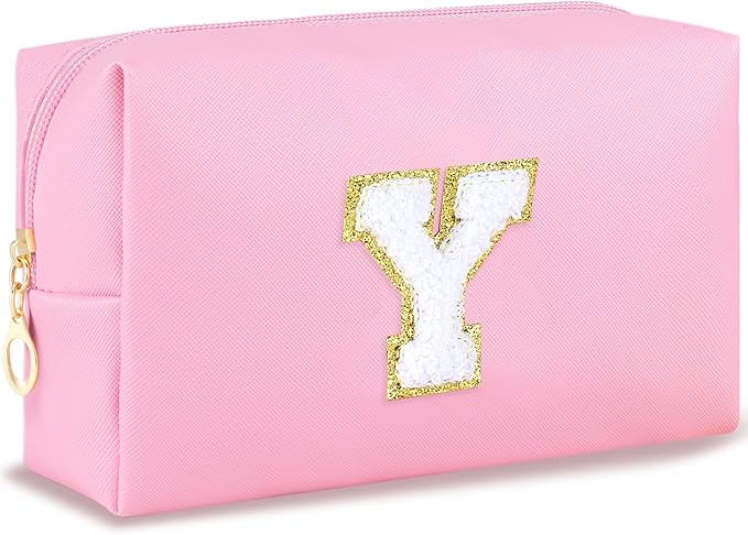 Initial Makeup Bag Personalized Preppy Travel Small Cosmetic Bag Cute PU Pink Chenille Letter Makeup Pouch for Purse Waterproof Zippered Toiletry Organizer for Women Girls Kids Friends (Y)