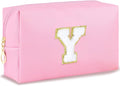 Initial Makeup Bag Personalized Preppy Travel Small Cosmetic Bag Cute PU Pink Chenille Letter Makeup Pouch for Purse Waterproof Zippered Toiletry Organizer for Women Girls Kids Friends (Y)