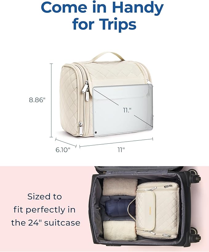 BAGSMART Toiletry Bag Travel Makeup Bag with Hanging Hook, Cosmetic Bag Make Organizer Case, Large Capacity Water-resistant Organizer for Toiletries Accessories Brushes Sponge, Beige