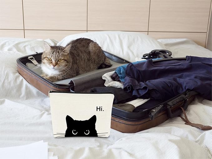 Cute Cat Makeup Bag, Kitty Cosmetic Zipper Travel Toiletry Bag, Black Cat Gifts for Women & Teen Girls