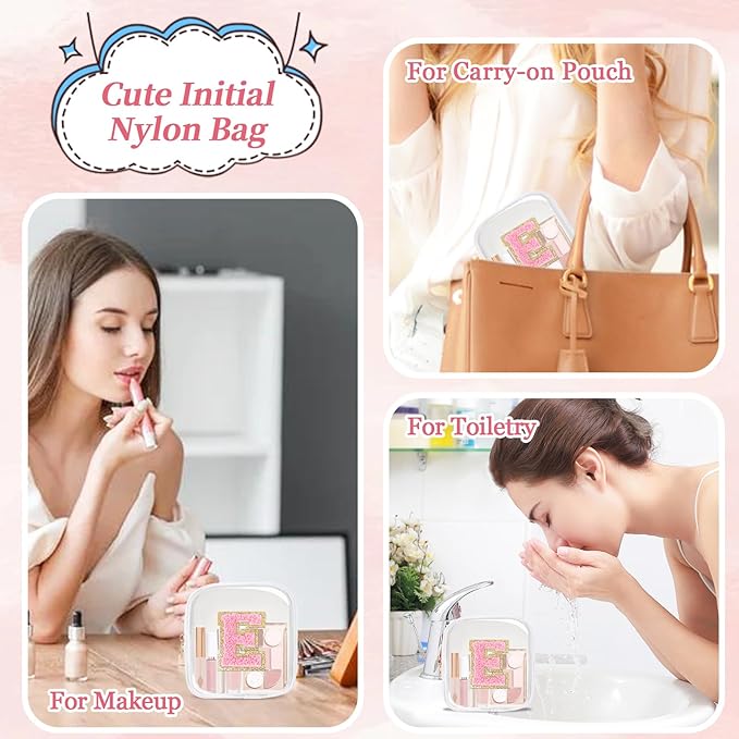 Mini Clear Personalized Initial Makeup Bag,Nylon Preppy A-Z Chenille Letter Patch Zipper Cosmetic Bag, Small Cute Beach Pouch Travel Purse Sanitary Napkin Storage Bag for Women Girls(White-Pink E)
