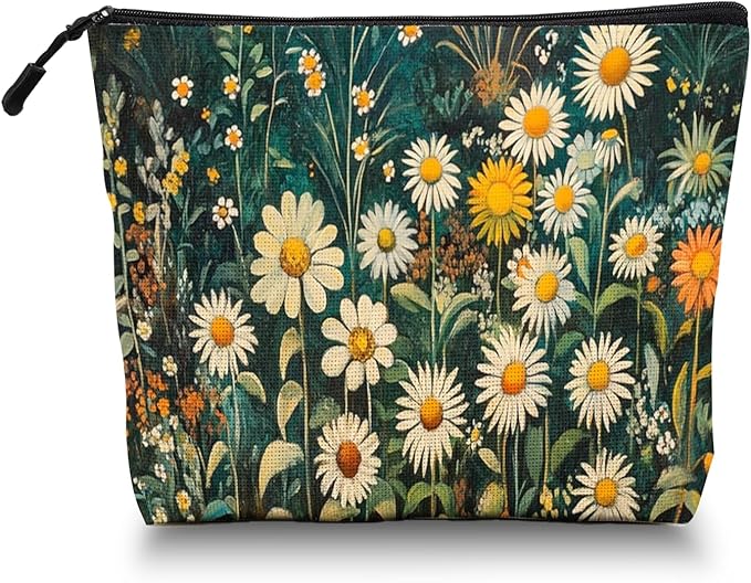 Cosmetic Bags Travel Makeup Toilet Case Waterproof Pouch for Women Girls 6.7X9.45inches - White Daisies And Yellow Marigolds in Wild