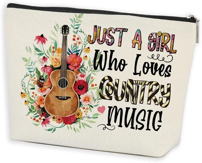 Azteoiz Country Music Lover Gift Guitar Gifts Musical Makeup Bag Singer Travel Pouch Friendship Christmas Birthday Graduation Gifts for Women Her Daughter Just A Girl Who Loves Country Music