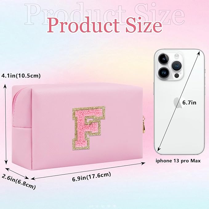 Small Personalized Glitter Initial Letter Makeup Bag, Cute PU Leather Chenille Letters Cosmetic Bag Travel Makeup Pouch, Preppy Travel Organizer Zipper Pouch for Women&Girls（PinkPink-F）
