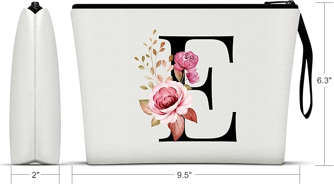 Vavabox A-Z Personalized Makeup Bag, Birthday Gifts for Women Mom, Gifts for Best Friend, Bride Bridesmaid Cosmetic bag (E, White)