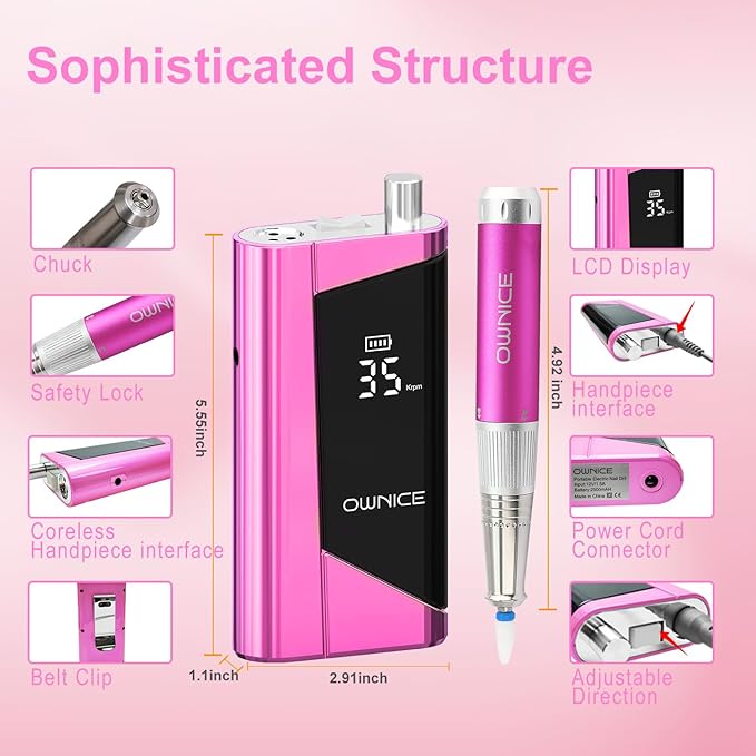 Electric Professional Nail Drill 35000RPM Cordless Portable Nail E-File Buffer Tools with Bits Perfect for Salon Manicure Pedicure Acrylic, Gel, Natural Nails(Rose Pink)