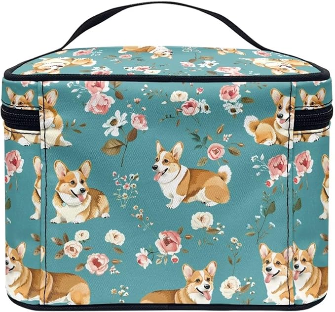 JoyLamoria Corgi Floral Makeup Bag Handbag Tote Bag Casual Cute Cosmetic Bag Brush Bag Toiletry Bag