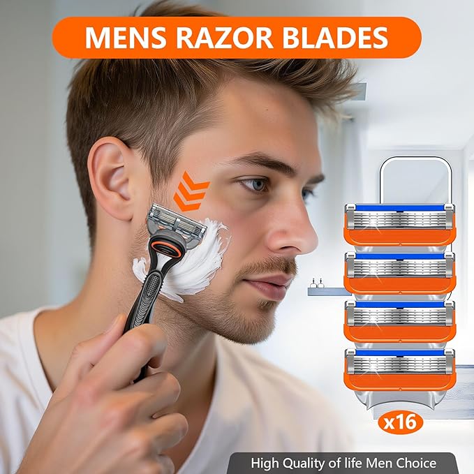 16 PCS Razor Blade Shaving Razor Blade Refills for Fusion 5, a More Comfortable Shave for Men, Orange New Version