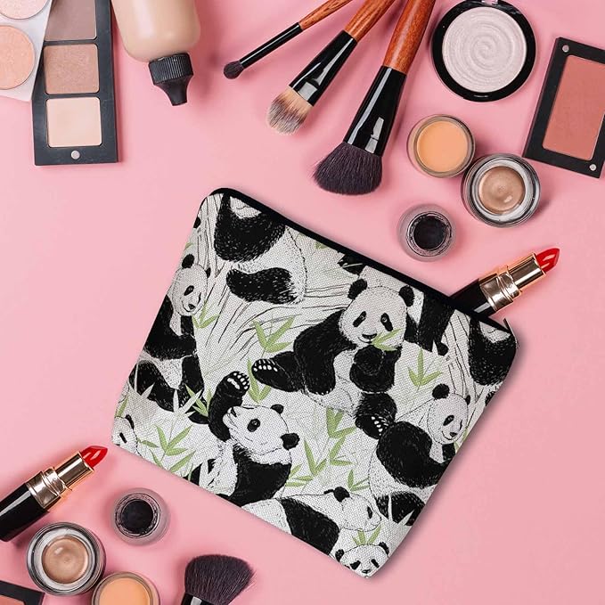 Panda Makeup Organizer Bag Cosmetic Bag For Men Women, Cute Pandas Forest Bamboo Leaves Panda Travel Toiletry Bag Flax Makeup Bags Purse Business Makeup Pouch For Toiletries Cosmetics