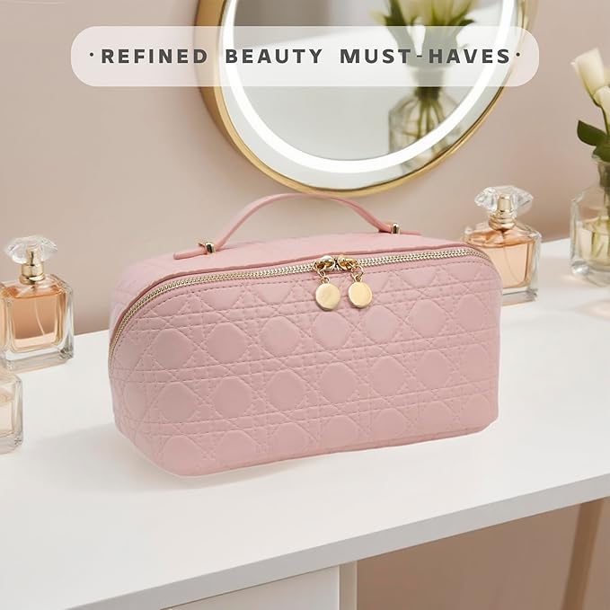 Travel Makeup Bag – Large Cosmetic Organizer with Waterproof PU Leather, Smooth Double Zipper & Tear-Resistant Lining, Toiletry Pouch for Women (Pink)
